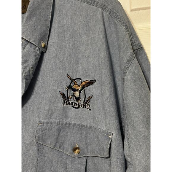 Vintage Browning Denim Button Up Shirt Mens XL Duck Logo Light Blue Hunting - Picture 2 of 7